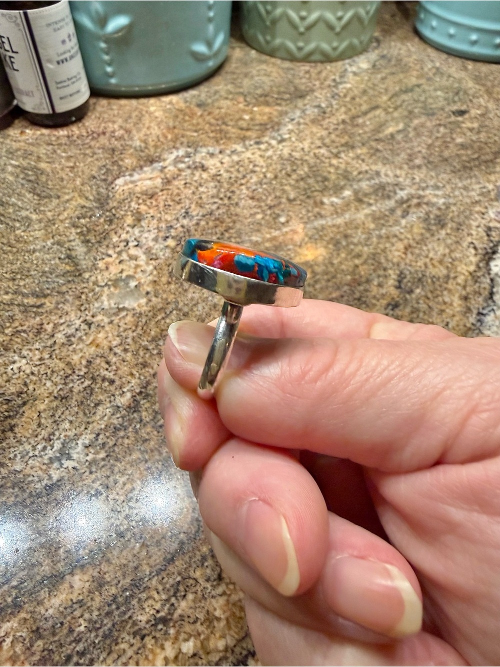 Spiny Oyster, Turquoise Eclectic Silver Artisan Ring, Size 8 (Red, Blue, Gold) - Picture 5 of 9